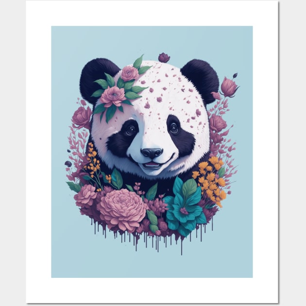 Cute smiling Panda bear with florals and foliage t-shirt design, apparel, mugs, cases, wall art, stickers, travel mug Wall Art by LyndaMacDesigns